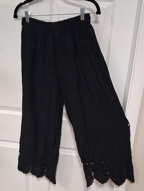 Wide Leg Black Crochet Hem Pants